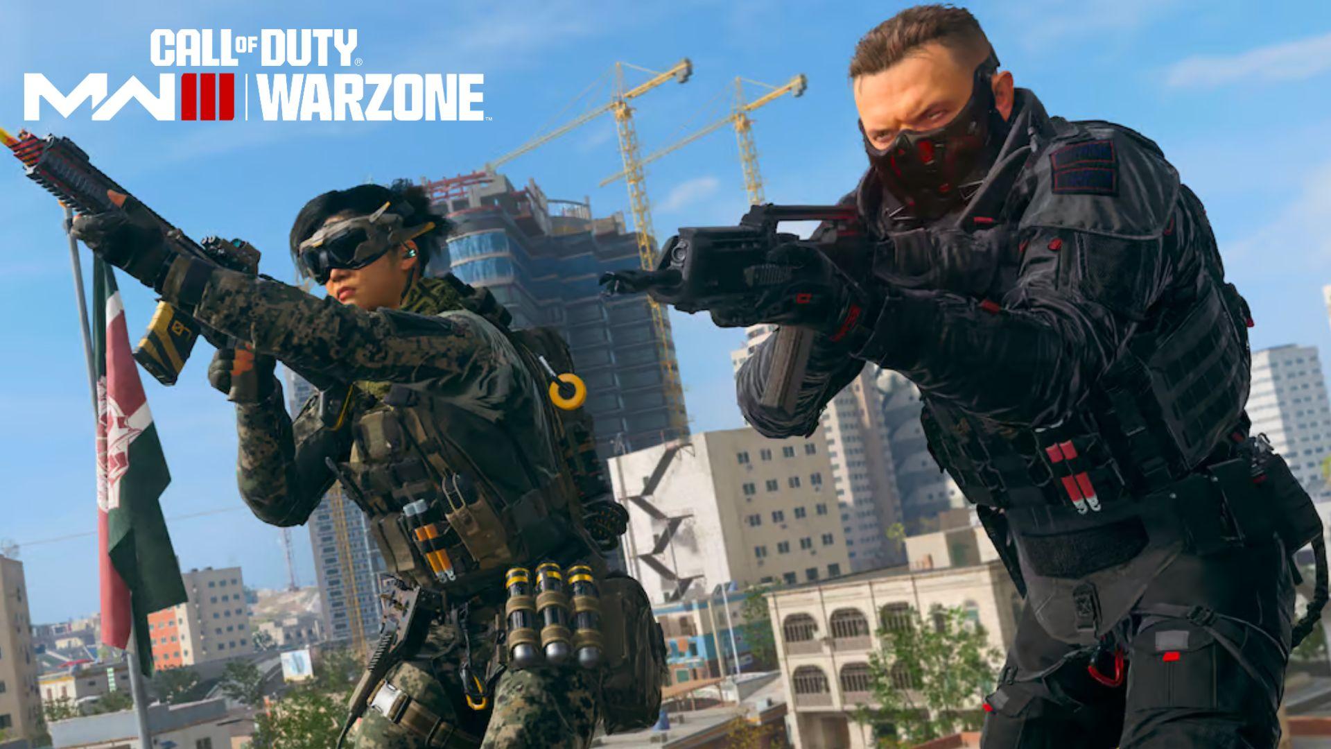 Call of Duty Modern Warfare 3 characters aiming guns with MW3 Warzone logo
