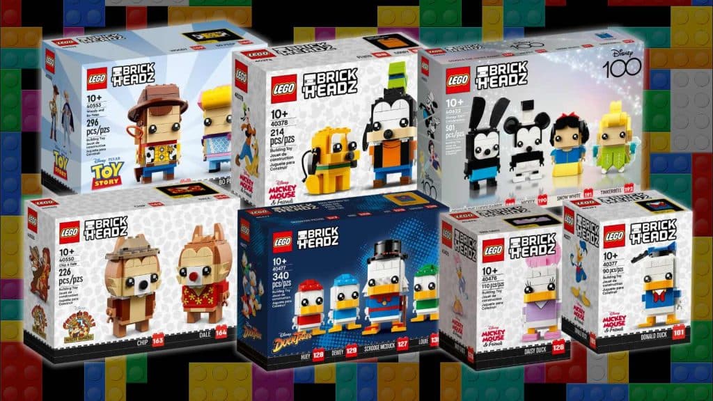 Seven of the Disney-inspired LEGO BrickHeadz sets that will soon retire.