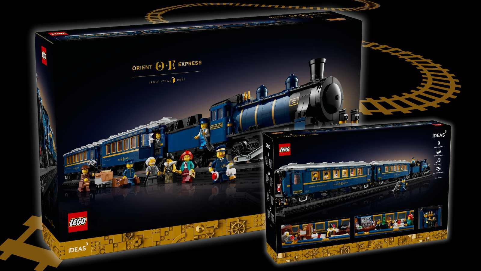 LEGO Ideas The Orient Express set box on a black background with a train-track graphic.