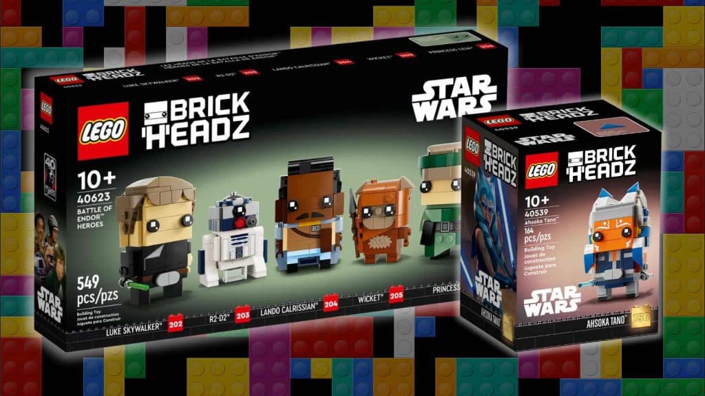 Two LEGO BrickHeadz-reimagined Star Wars sets on a black background with LEGO graphics.