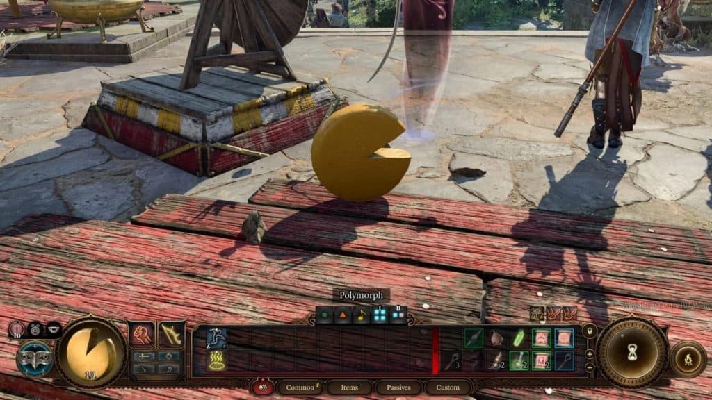 A player Polymorphed into a wheel of cheese