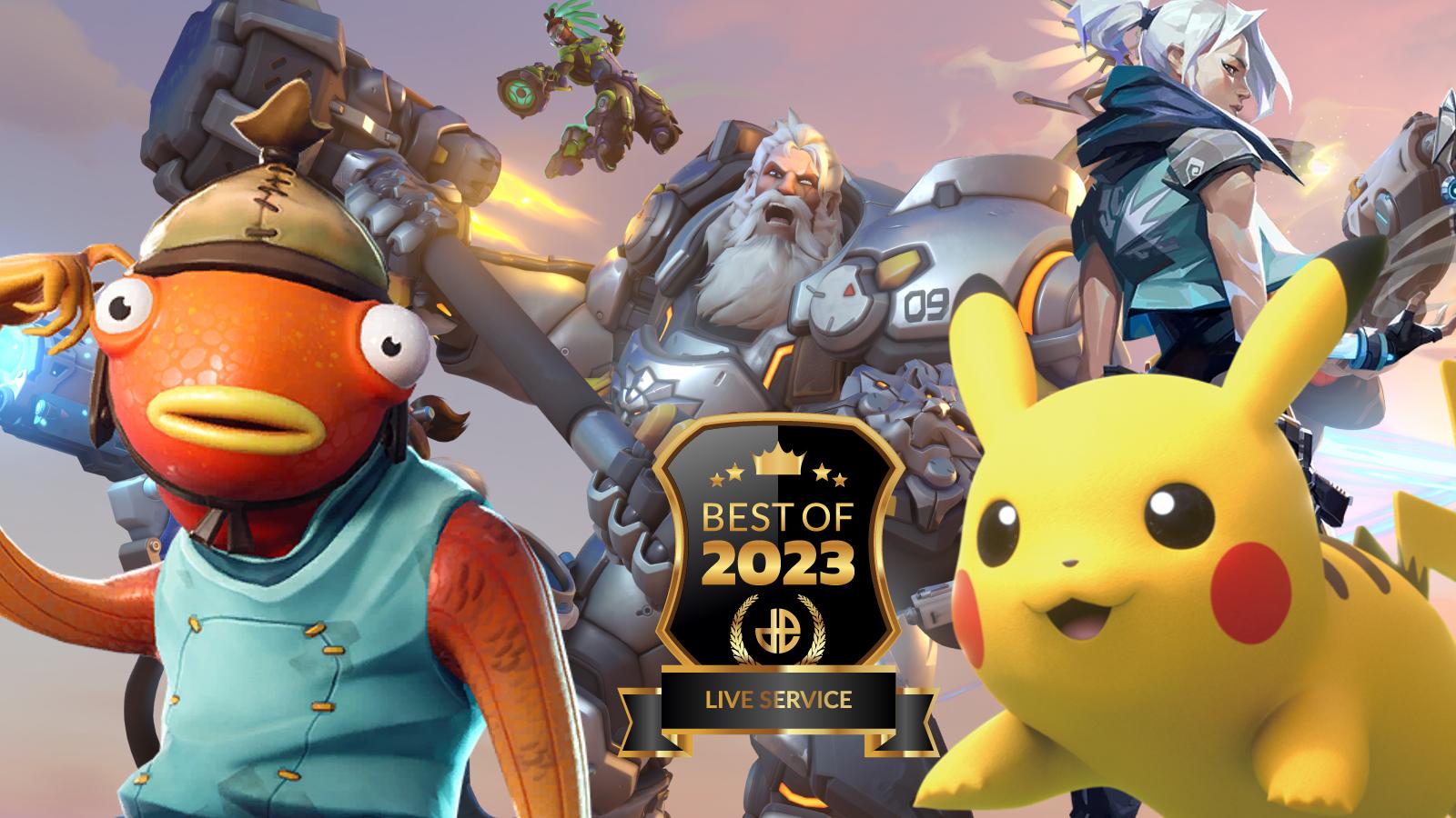 Reinahardt, fortnite fish, Jett and Pikachu in Dexerto Best Live Service game feature image
