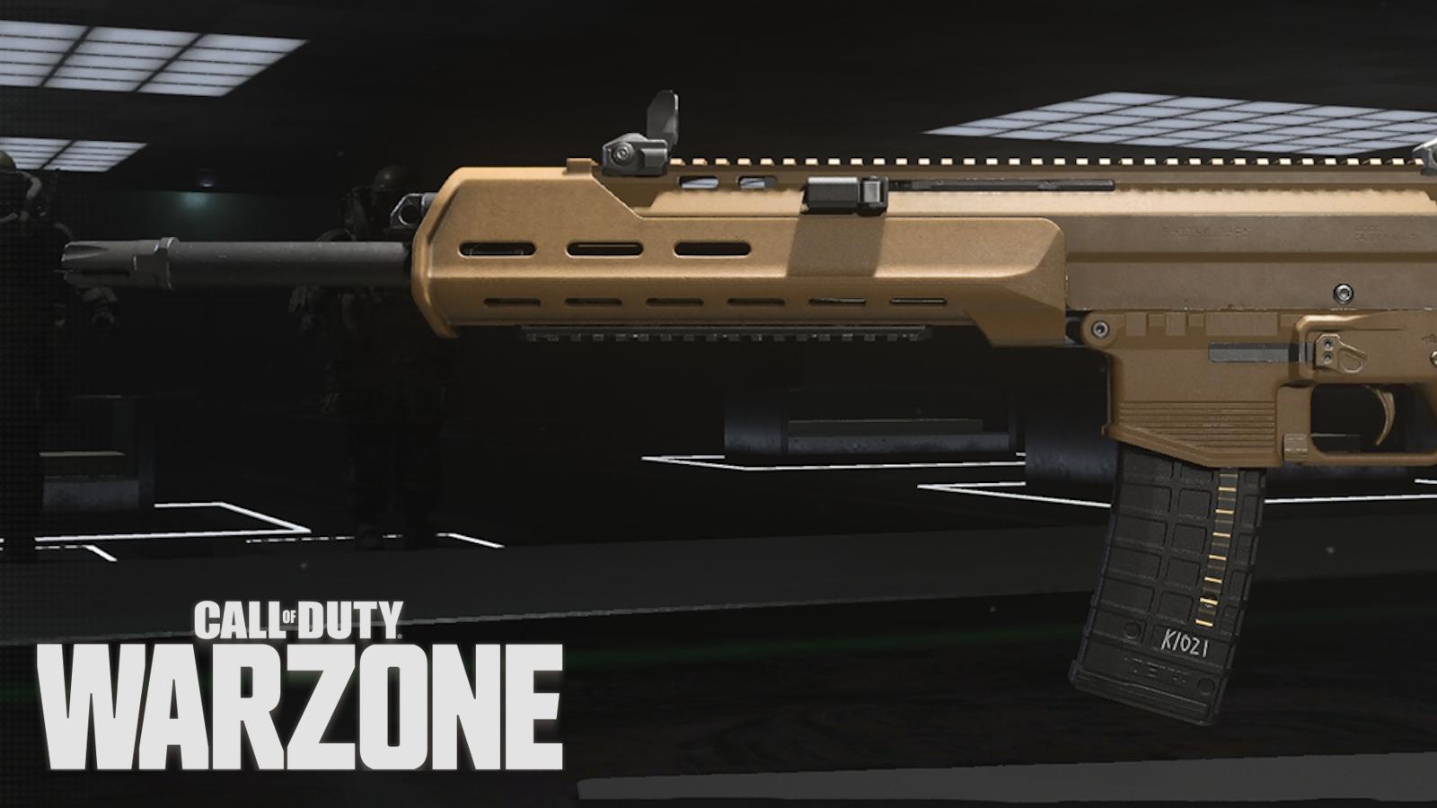 MCW assault rifle with Call of Duty: Warzone logo.