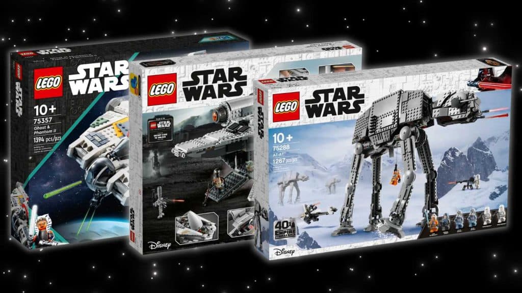 Three LEGO Star Wars sets for kids aged 10 and up on a black background with stars.