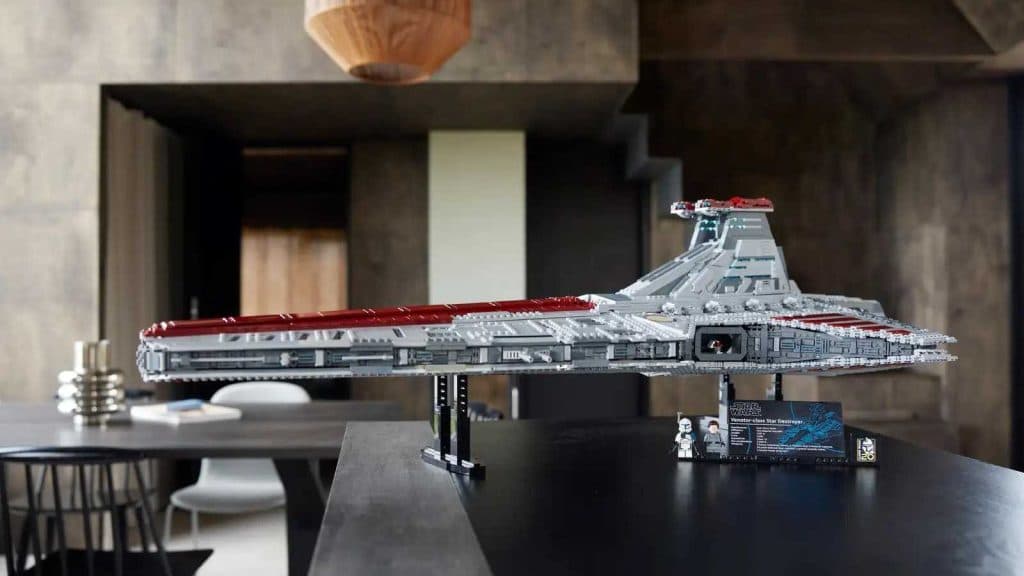 The LEGO-reimagined Venator-Class Republic Attack Cruiser on display.