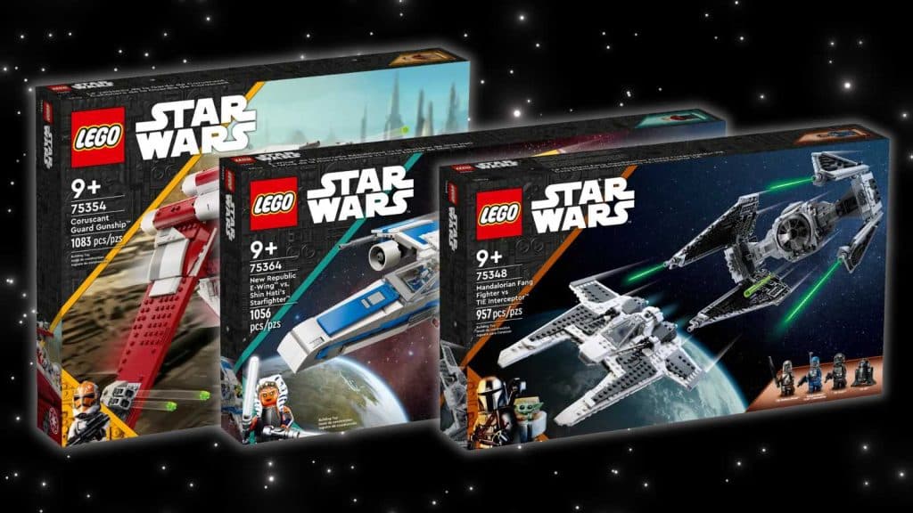 Three LEGO Star Wars sets for kids aged nine and up on a black background with stars.