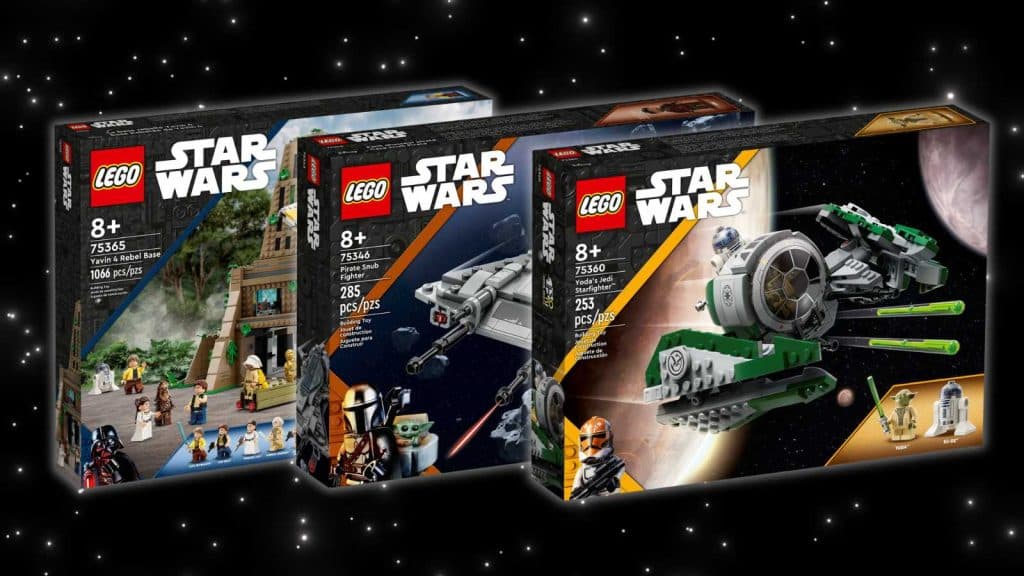 Three LEGO Star Wars sets for kids aged eight and up on a black background with stars.
