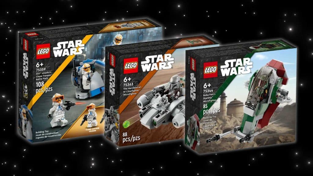Three LEGO Star Wars sets for kids aged six and up on a black background with stars.