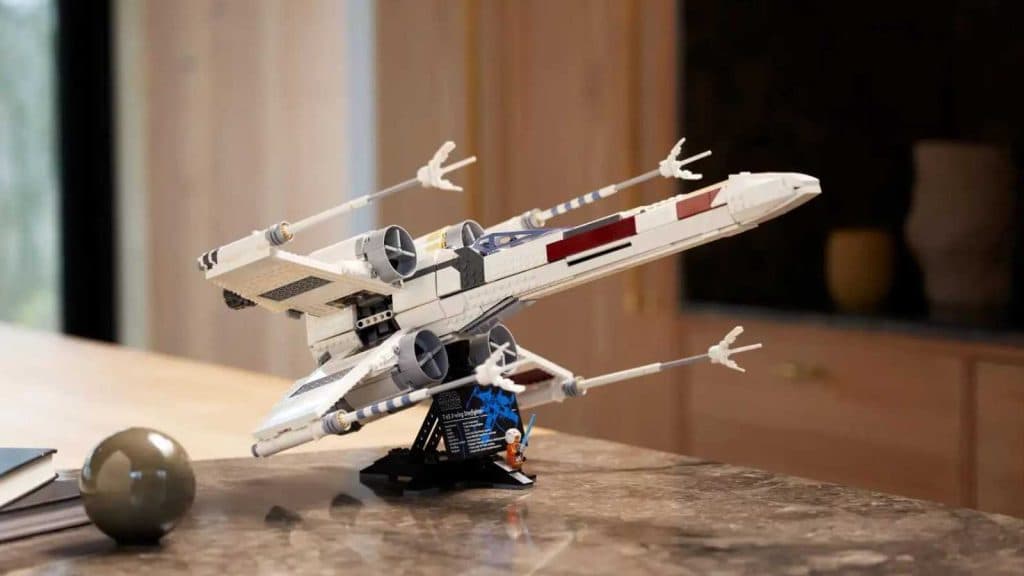 The X-Wing Starfighter in LEGO format.