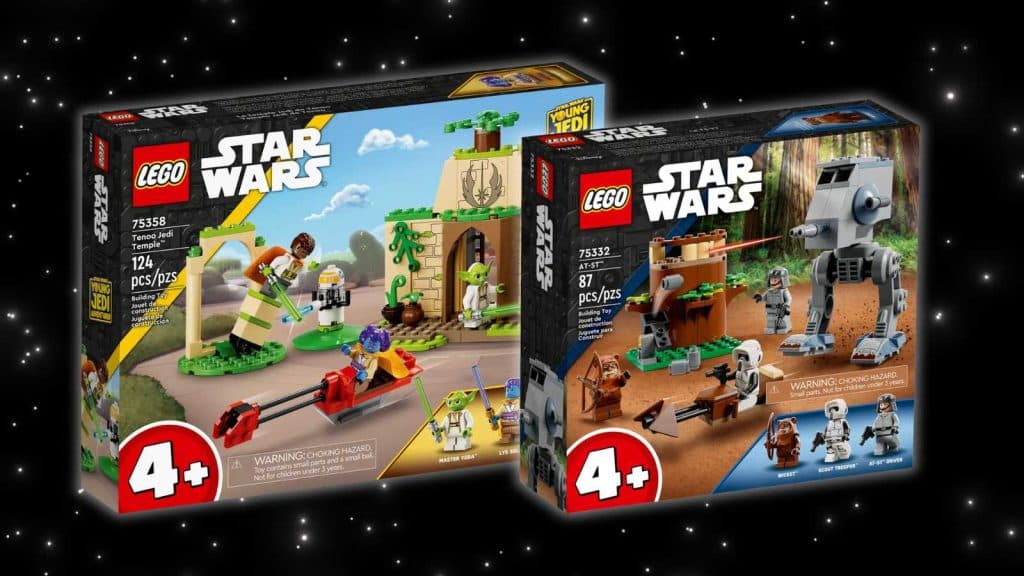 Two LEGO Star Wars sets for kids aged four and up on a black background with stars.