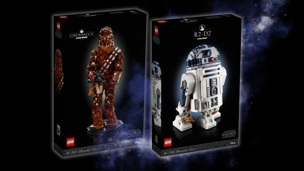 LEGO-reimagined Chewbacca and R2-D2 buildable figures on a black background with galaxy graphics.