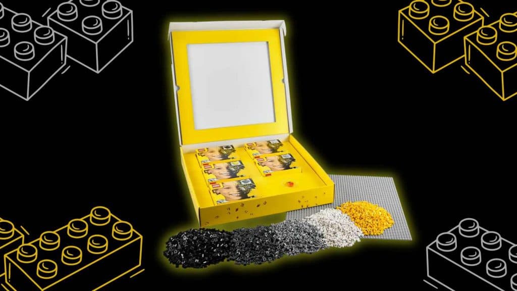 The opened LEGO Mosaic Maker and bricks on a black background with LEGO graphics.