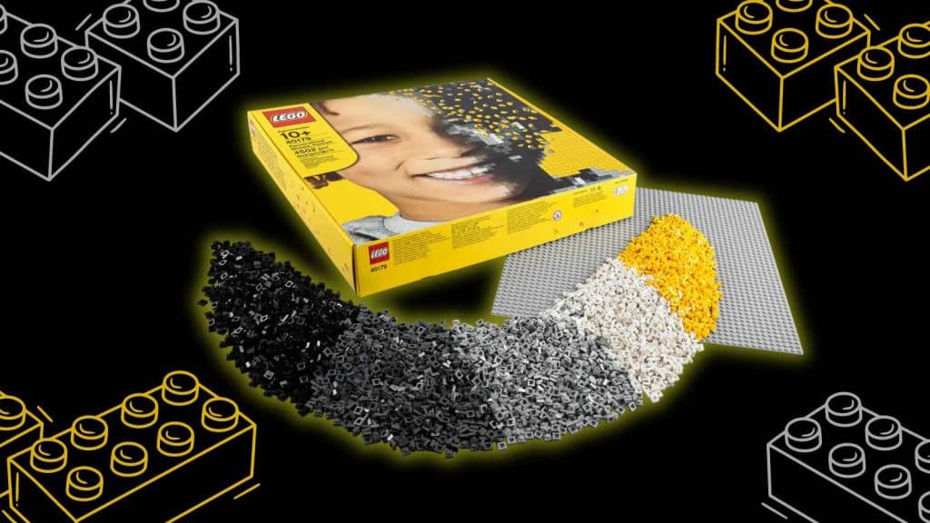 The LEGO Mosaic Maker box with the bricks on black background with LEGO graphics.