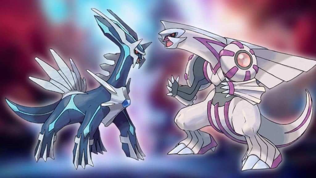 The Pokemon Dialga and Palkia are pictured against a blurred background