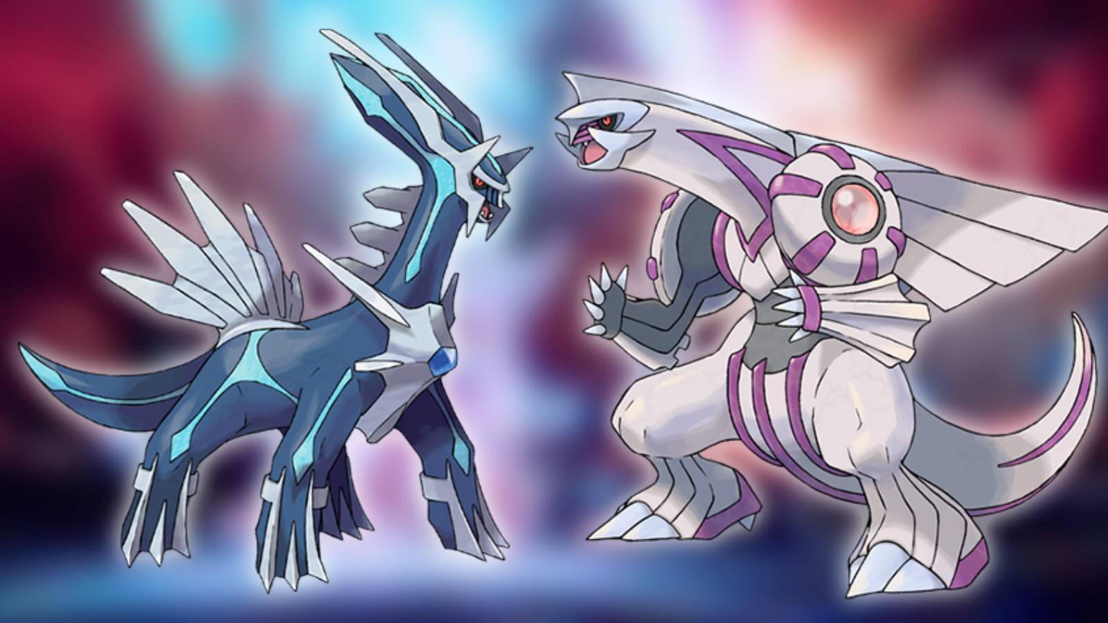 The Pokemon Dialga and Palkia are pictured against a blurred background