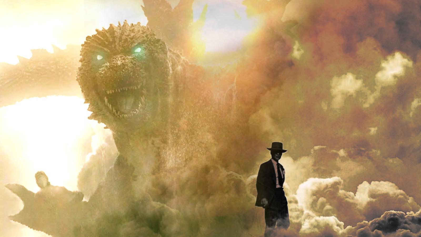 Posters for Godzilla Minus One and Oppenheimer combined
