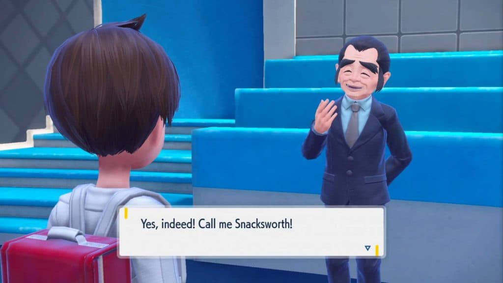 A pokemon trainer approaches the character Snacksworth. Text reads "Yes, indeed! Call me Snacksworth!"