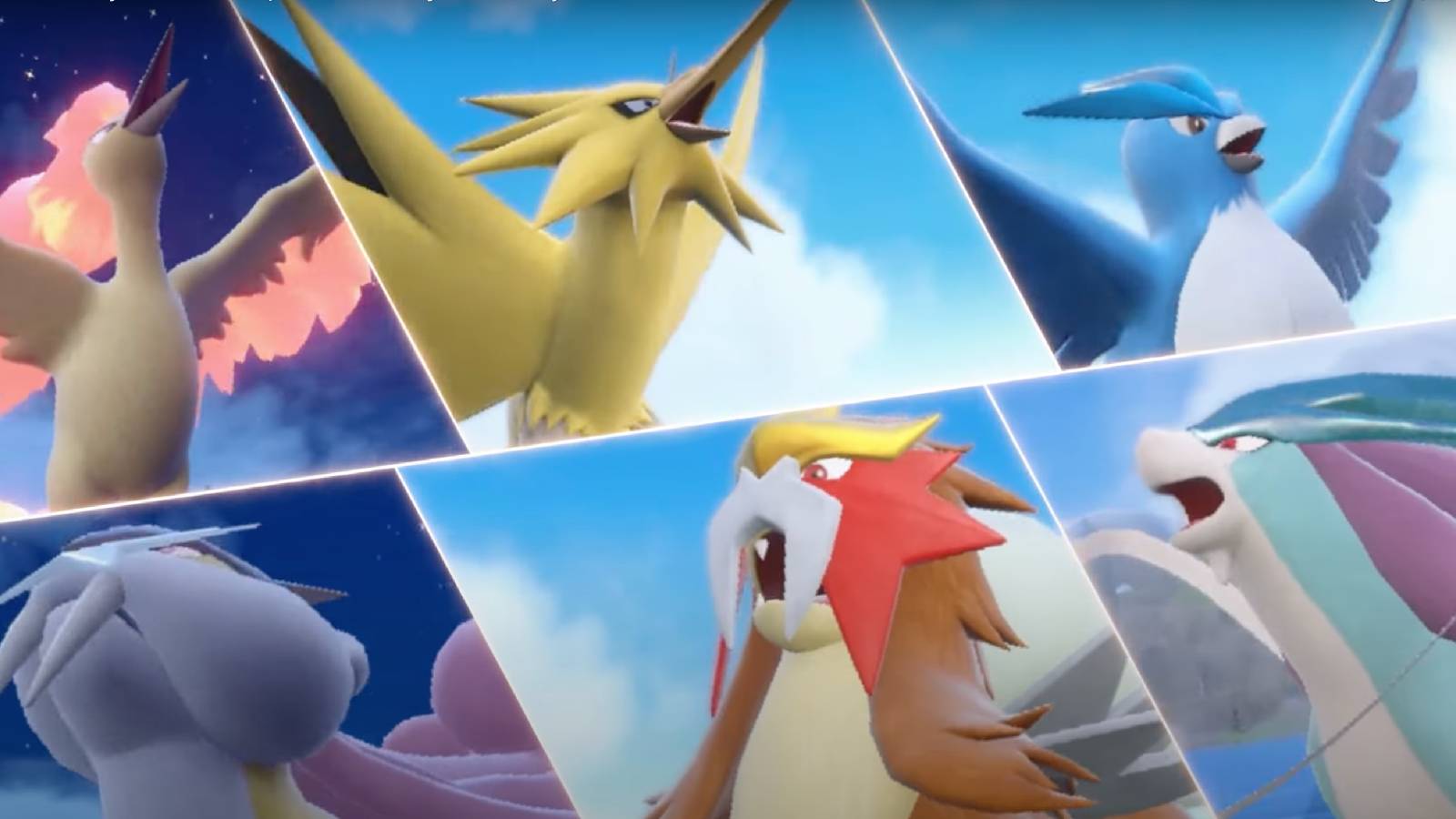 The image is split into six loosely square sections, with each picturing one od the following legendary Pokemon: Moltres, Zapdos, Articuno, Entei, Suicune, and Raikou