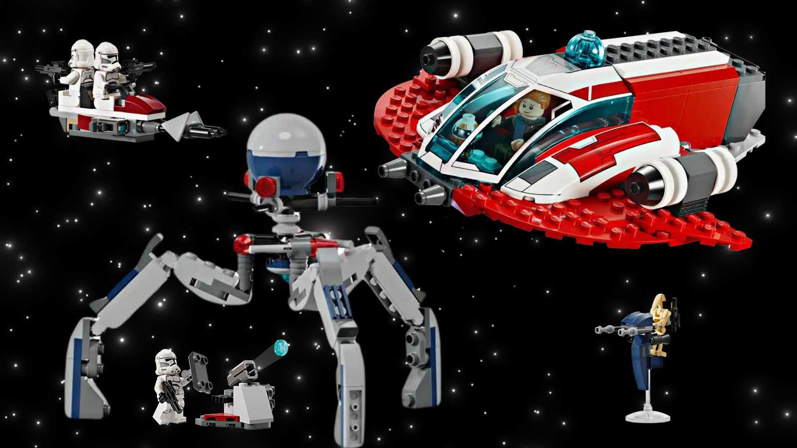 New LEGO Star Wars sets coming in 2024 on a black background with star graphic.