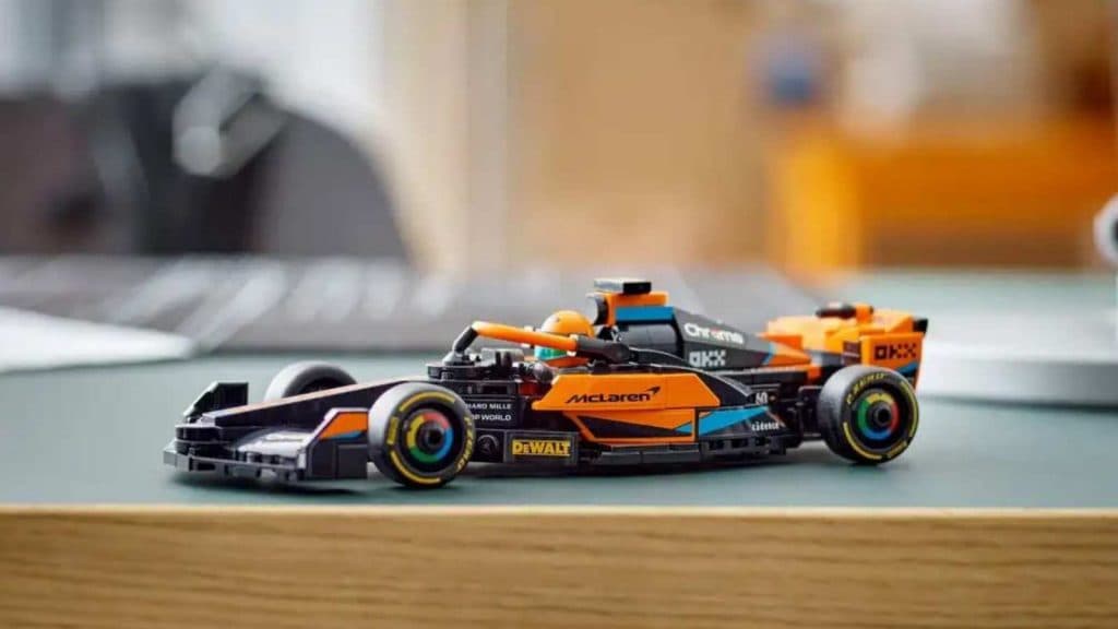 The LEGO Speed Champions 2023 McLaren Formula 1 Race Car on display