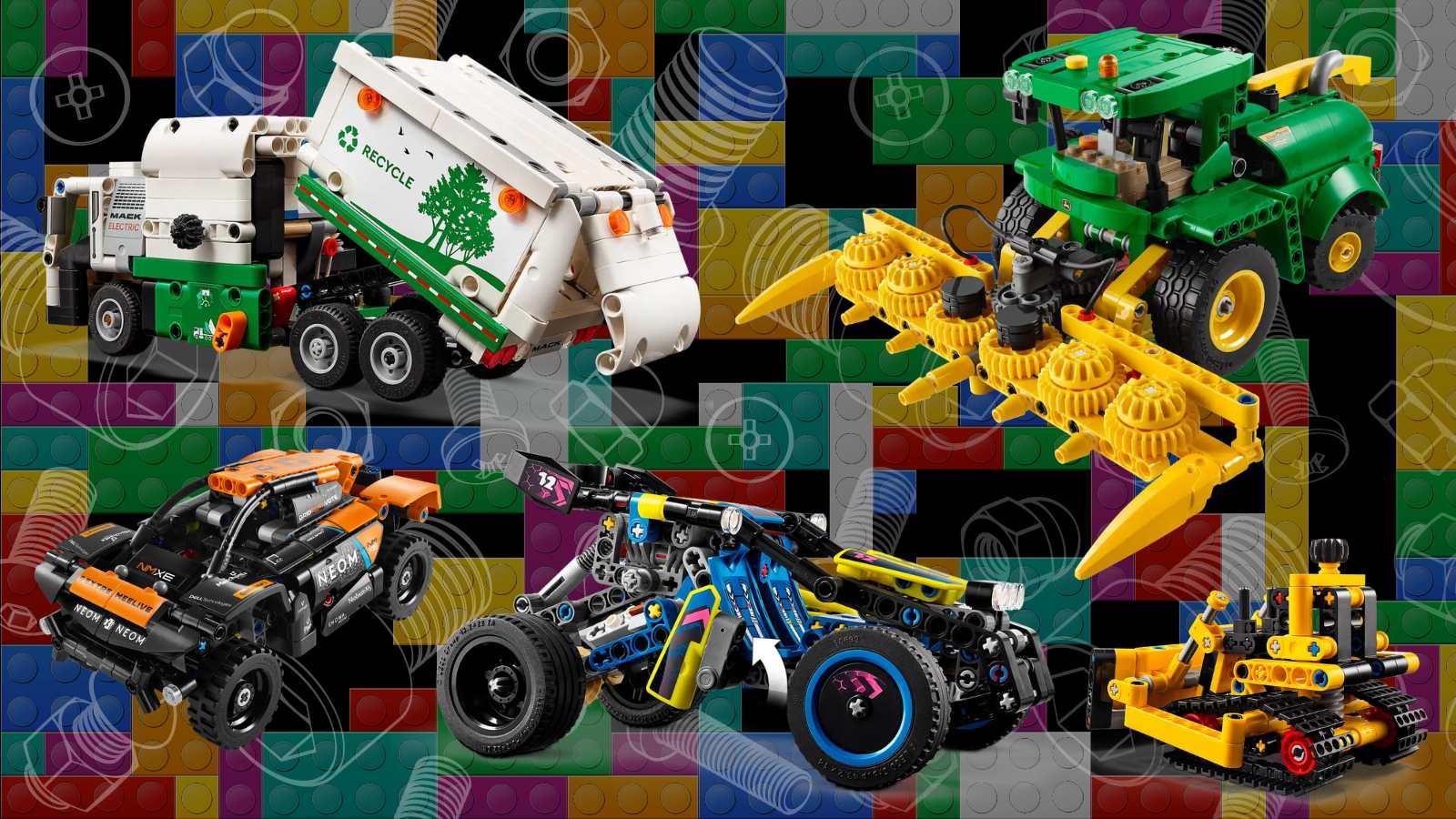 The new LEGO Technic sets coming in 2024 on a black background with lego and nuts and bolts graphics.
