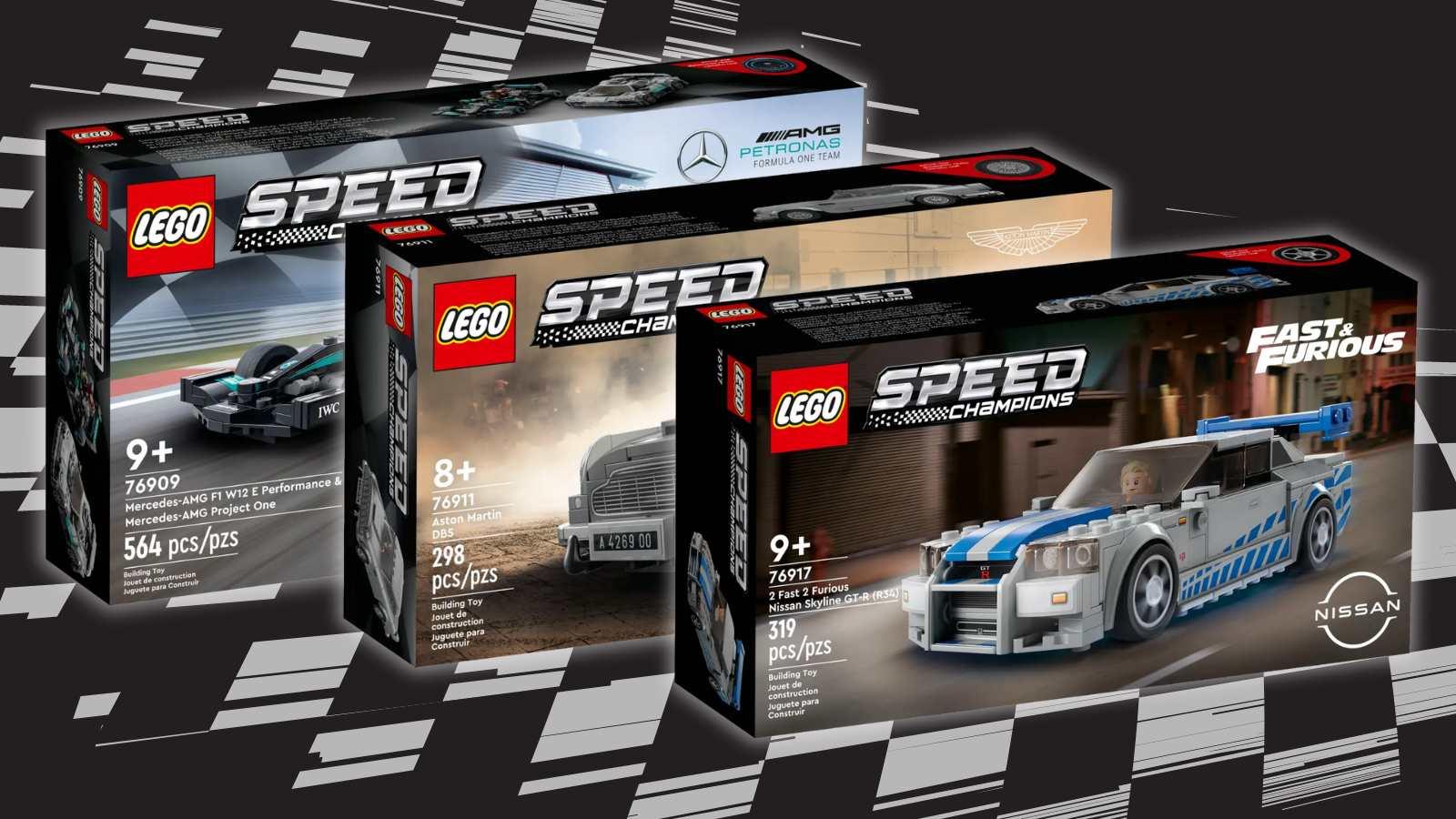 LEGO Speed Champions models on black background with racing-flag graphic.