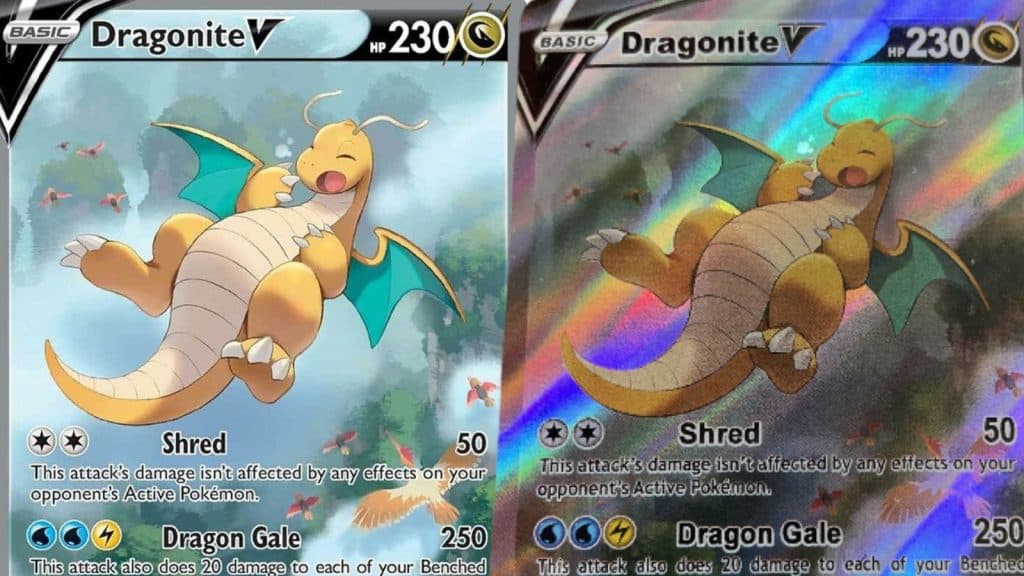 A fake Dragonite Pokemon trading card alongside a real one. Dragonite on the left has blurred text with shadowing, where as the real one looks clear and crisp.