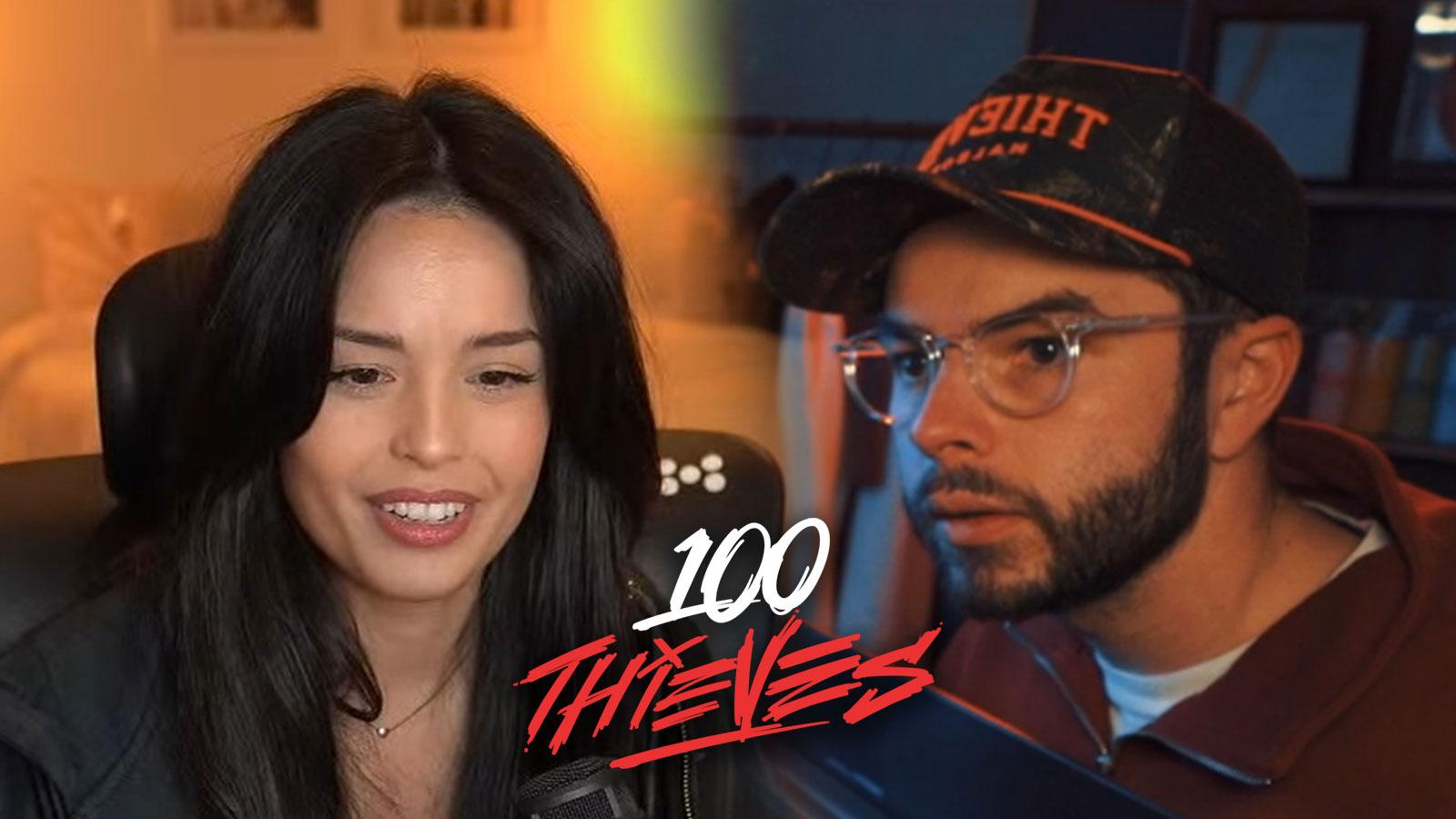Valkyrae & Nadeshot side by side with 100 Thieves logo