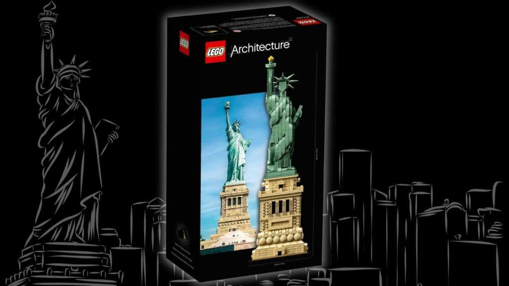 LEGO-reimagined Statue of Liberty set on a black background with a Statue of Liberty graphic.