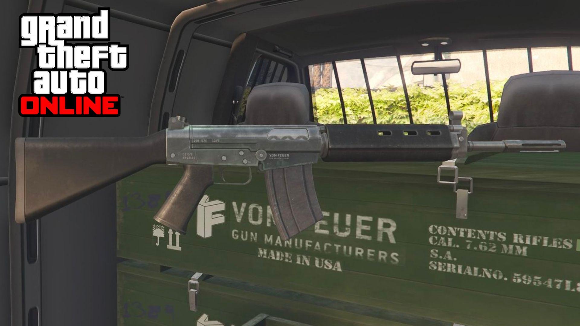 Battle Rifle in GTA Online floating in Gun Van above box