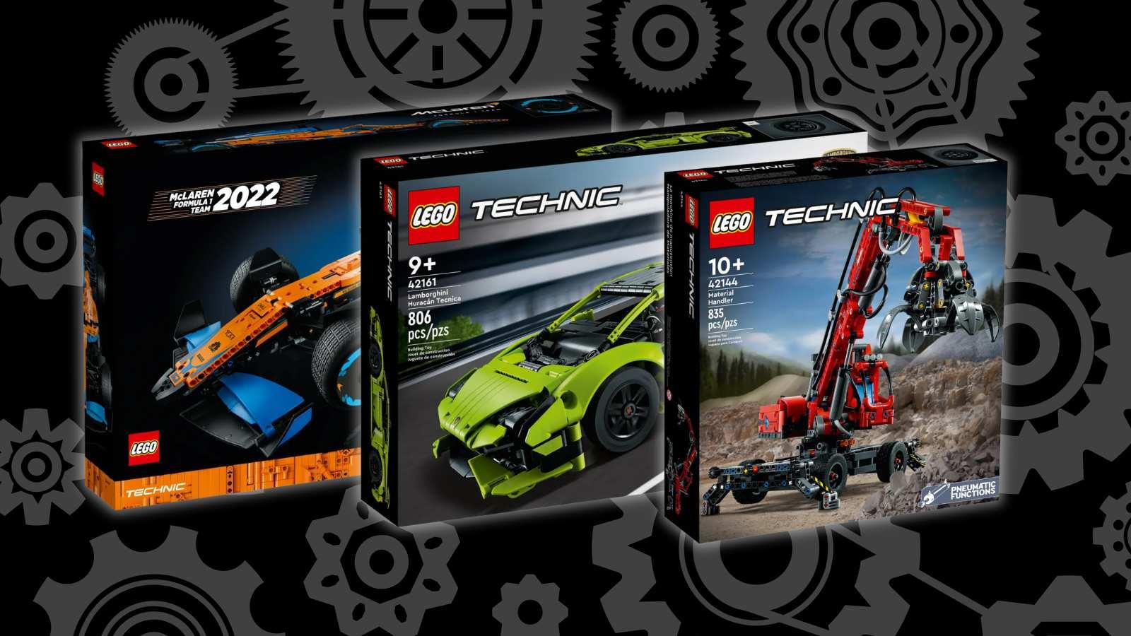 Three LEGO Technic sets on a black background with machine graphics