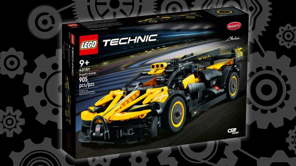 LEGO Technic Bugatti Bolide on a black background with machine graphics.