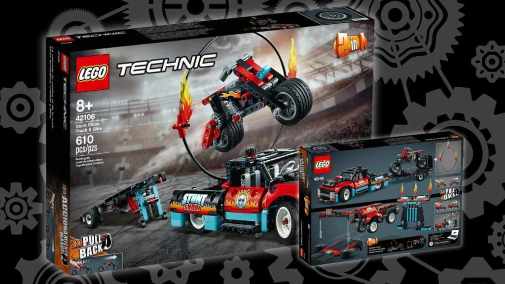 LEGO Technic Stunt Show Truck & Bike box on black background with machine graphics