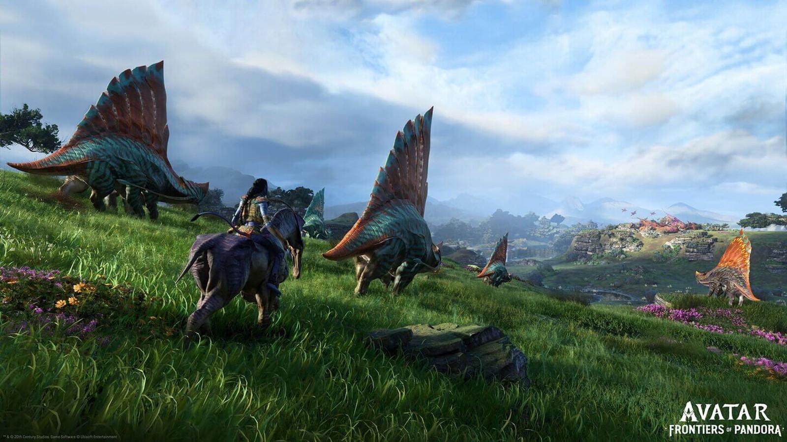 An image from Avatar: Frontiers of Pandora featuring a Na'vi in a vast green landscape.