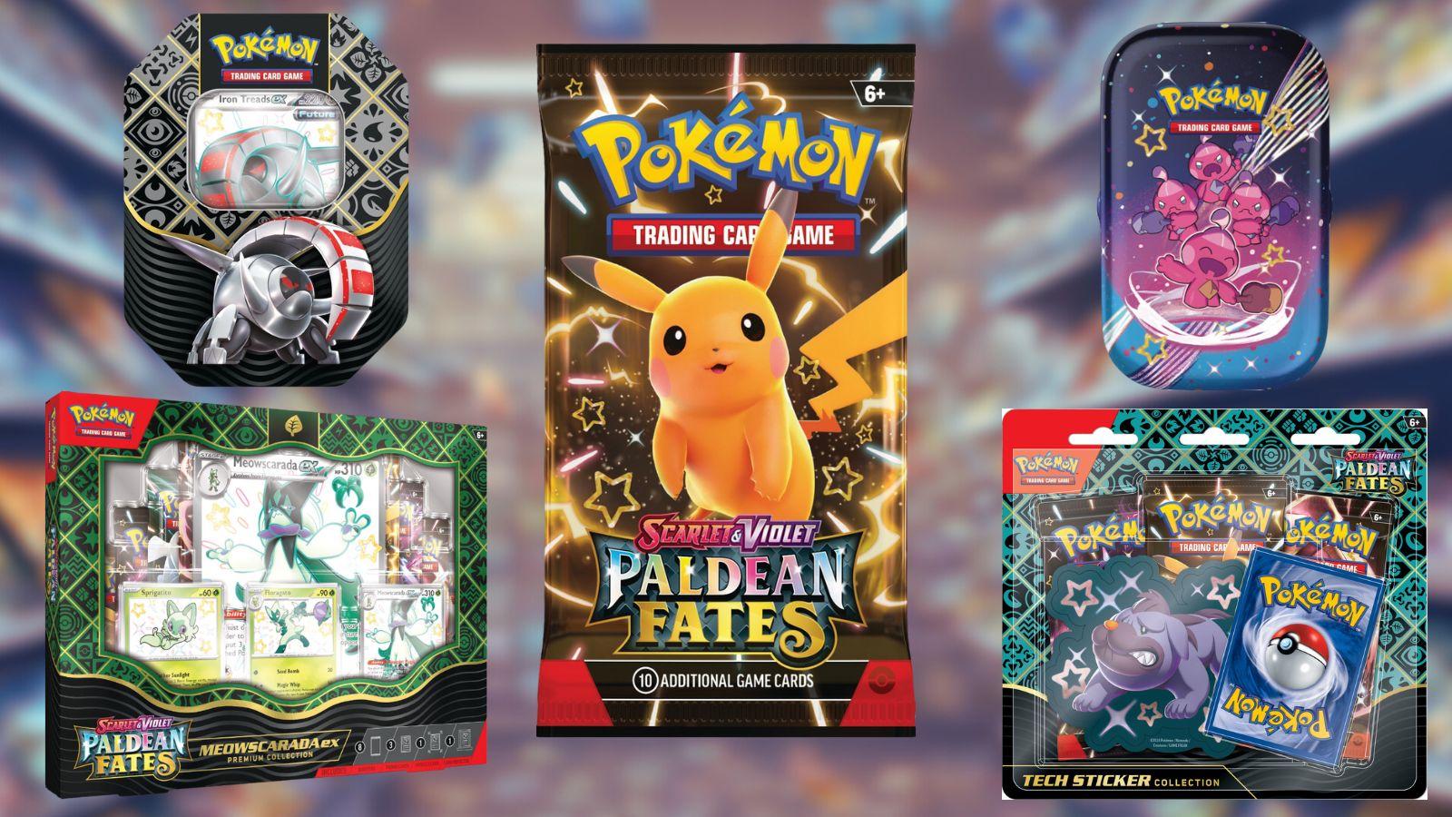 Pokemon Paldean Fates booster packs with Pikachu, tins with Iron Treads ex, mini tins with Tinkatink, premium collection with Meowscarada, and sticker tin with Mashiff