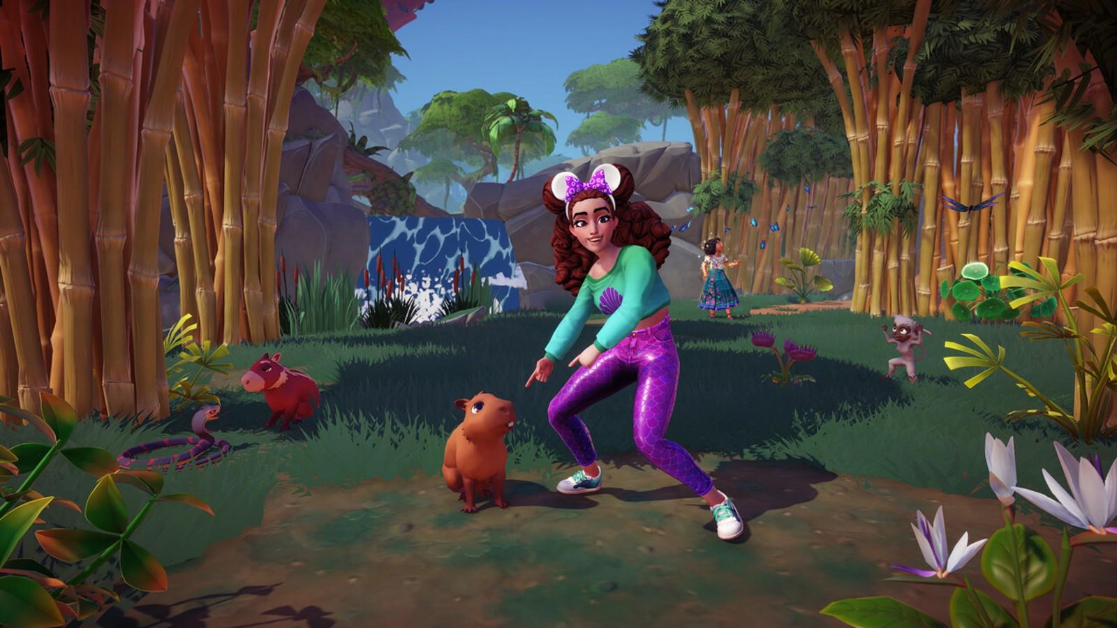 A promotional image of a character and a Capybara in Disney Dreamlight Valley.