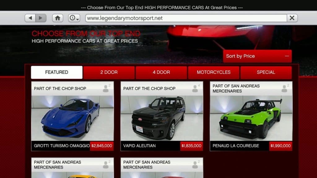 Screenshot of new cars on Legendary motorsports in GTA Online Chop Shop update