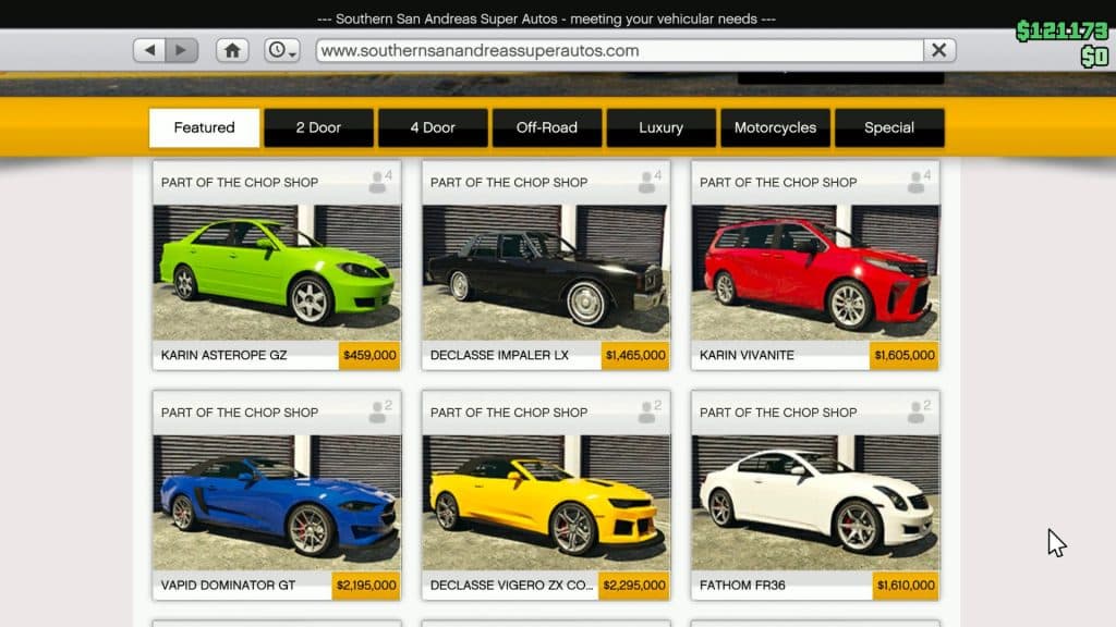 Screenshot of new cars on Southern San Andreas Super Autos in GTA Online Chop Shop update