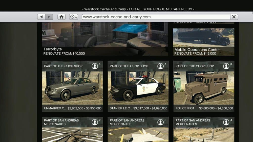 Screenshot of new cars on Warstock Cache and Carry in GTA Online Chop Shop update