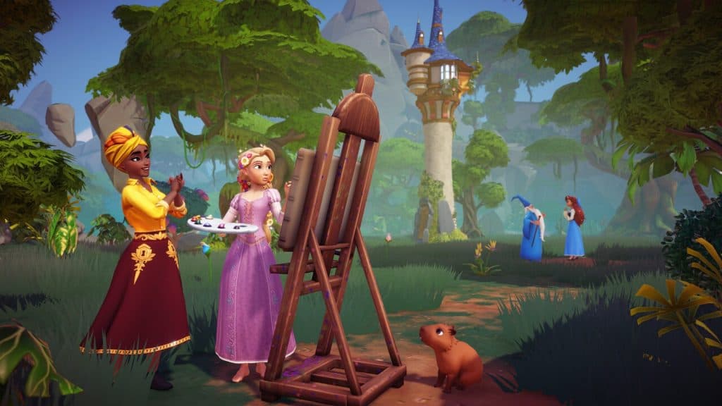 An image of characters and a Capybara in Disney Dreamlight Valley.