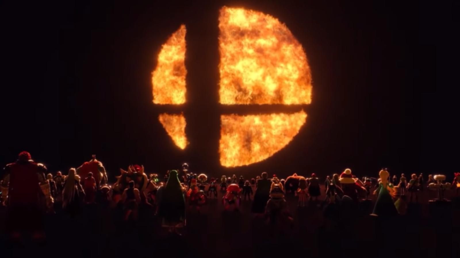 super smash bros fighters gather looking at the logo
