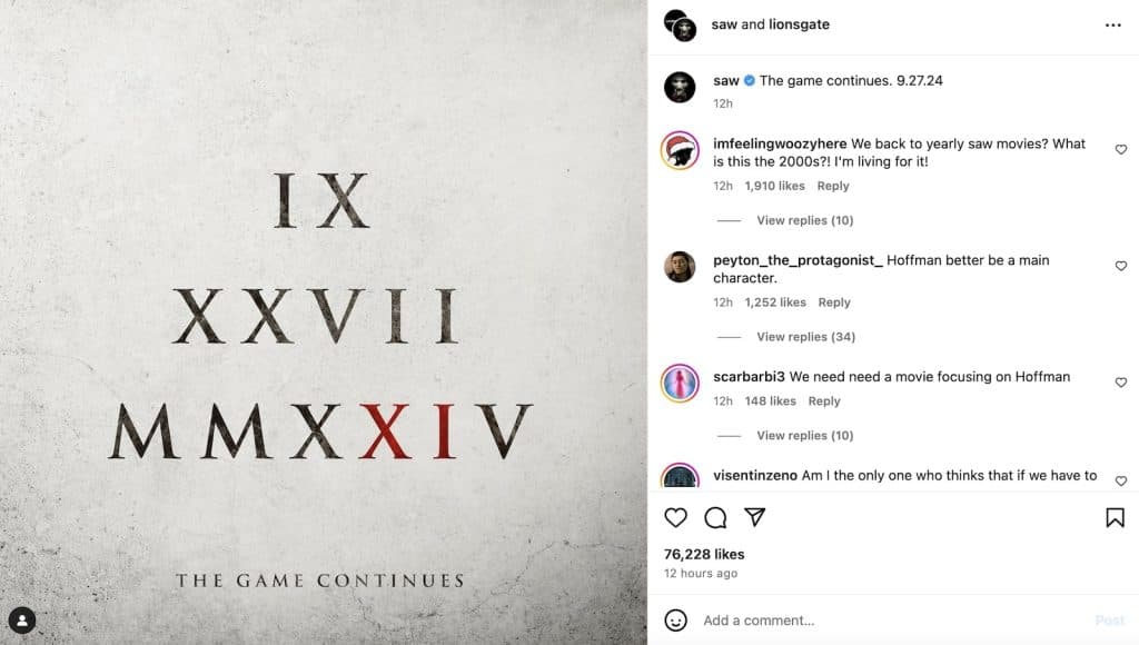 Instagram post about Saw 11
