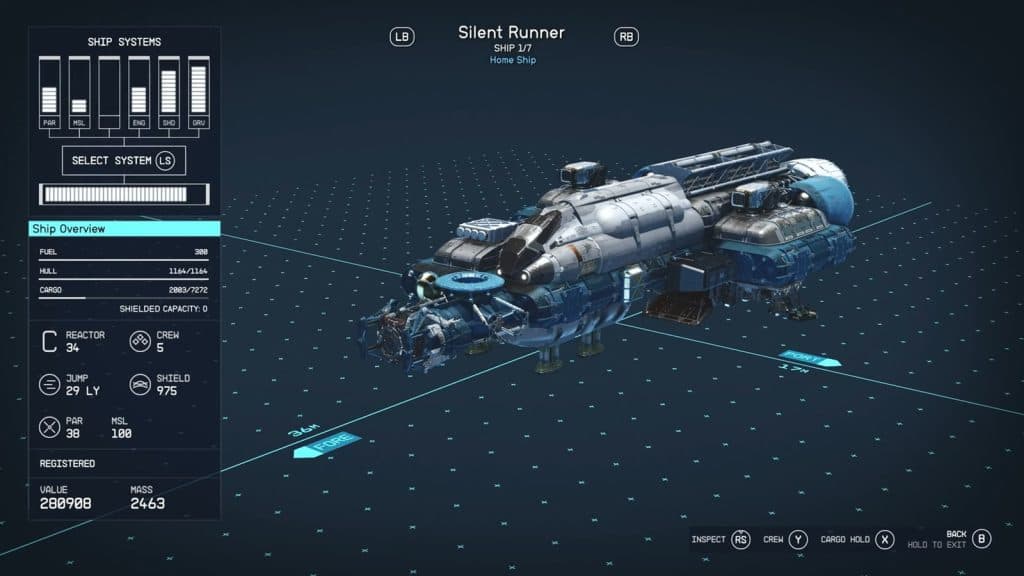 An image of the Silent Runner's stats in Starfield.