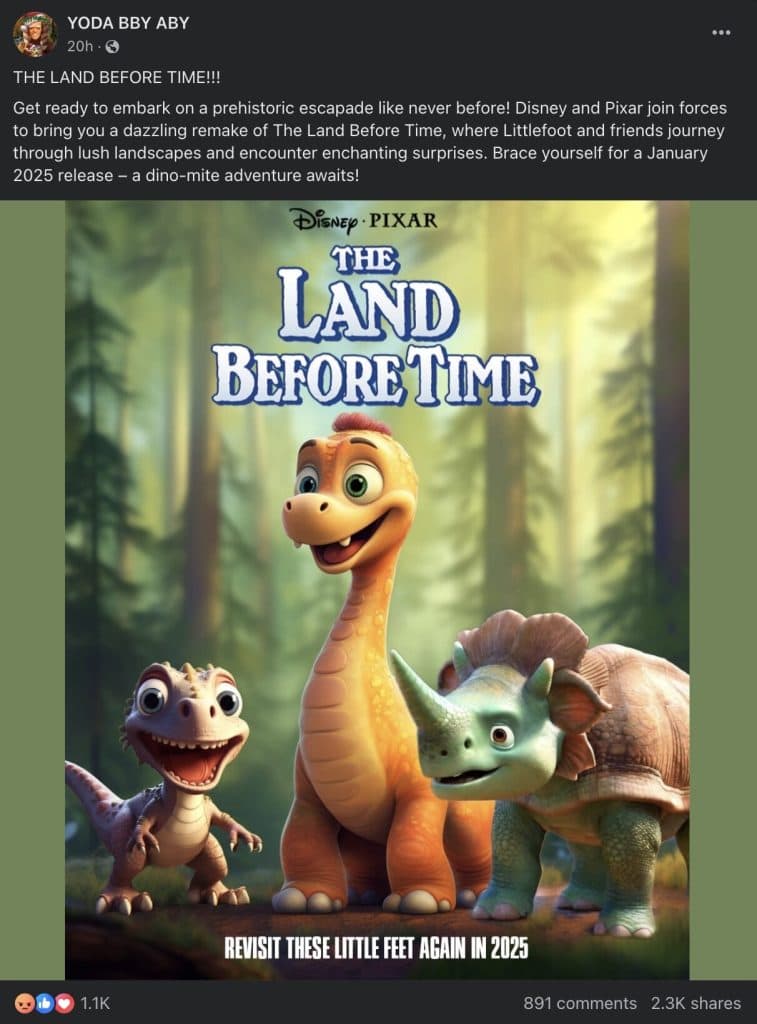 The fake poster for the Pixar remake of The Land Before Time