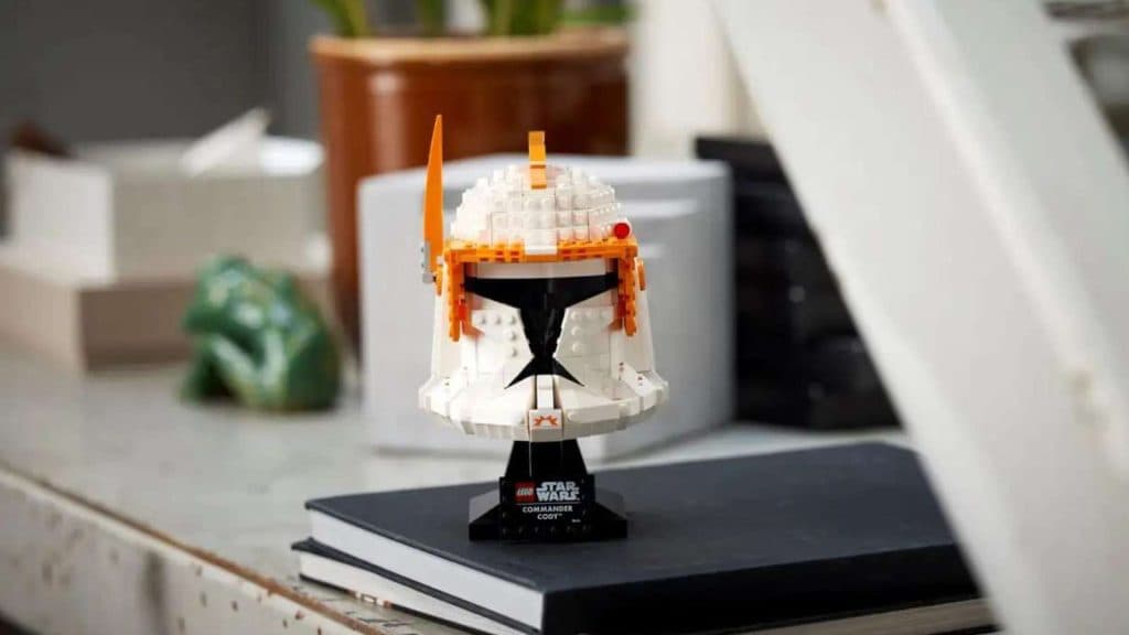 LEGO Star Wars Clone Commander Cody Helmet on display.