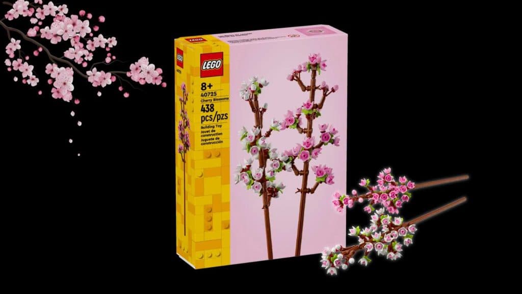 LEGO Cherry Blossoms set on black background with cherry blossom graphic.