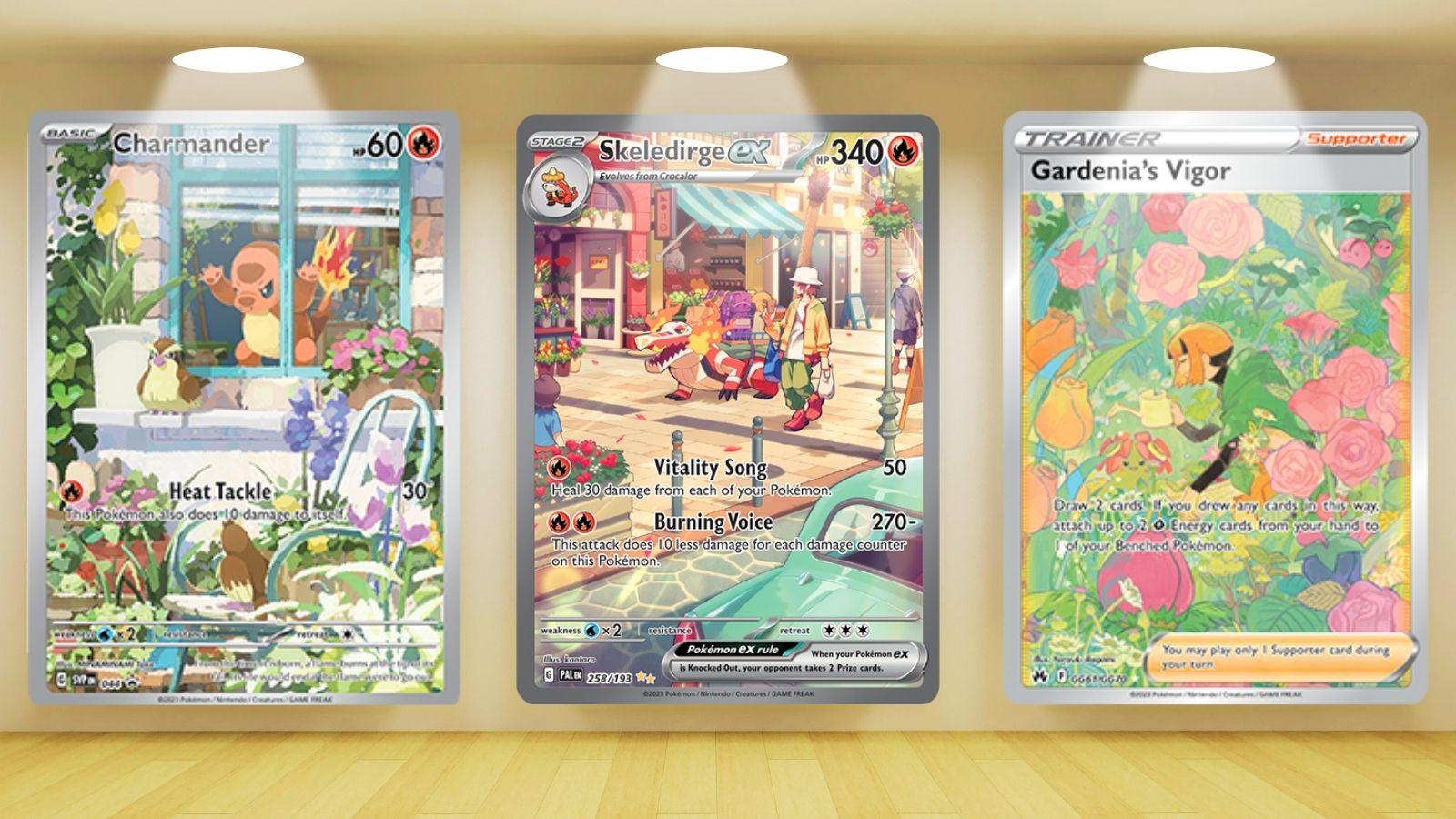 Pokemon TCG cards showing Skeldiurge at a market with its trainer, a Charmander pressing its face angrily against the window looking at a Podgy and gym leader Gardenia watering Pokemon surrounded by plants