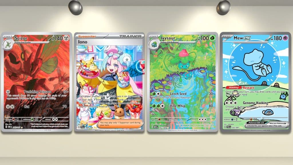 Scizor, Iono, Ivysaur and Mew Pokemon cards hanging as if in a gallery.
