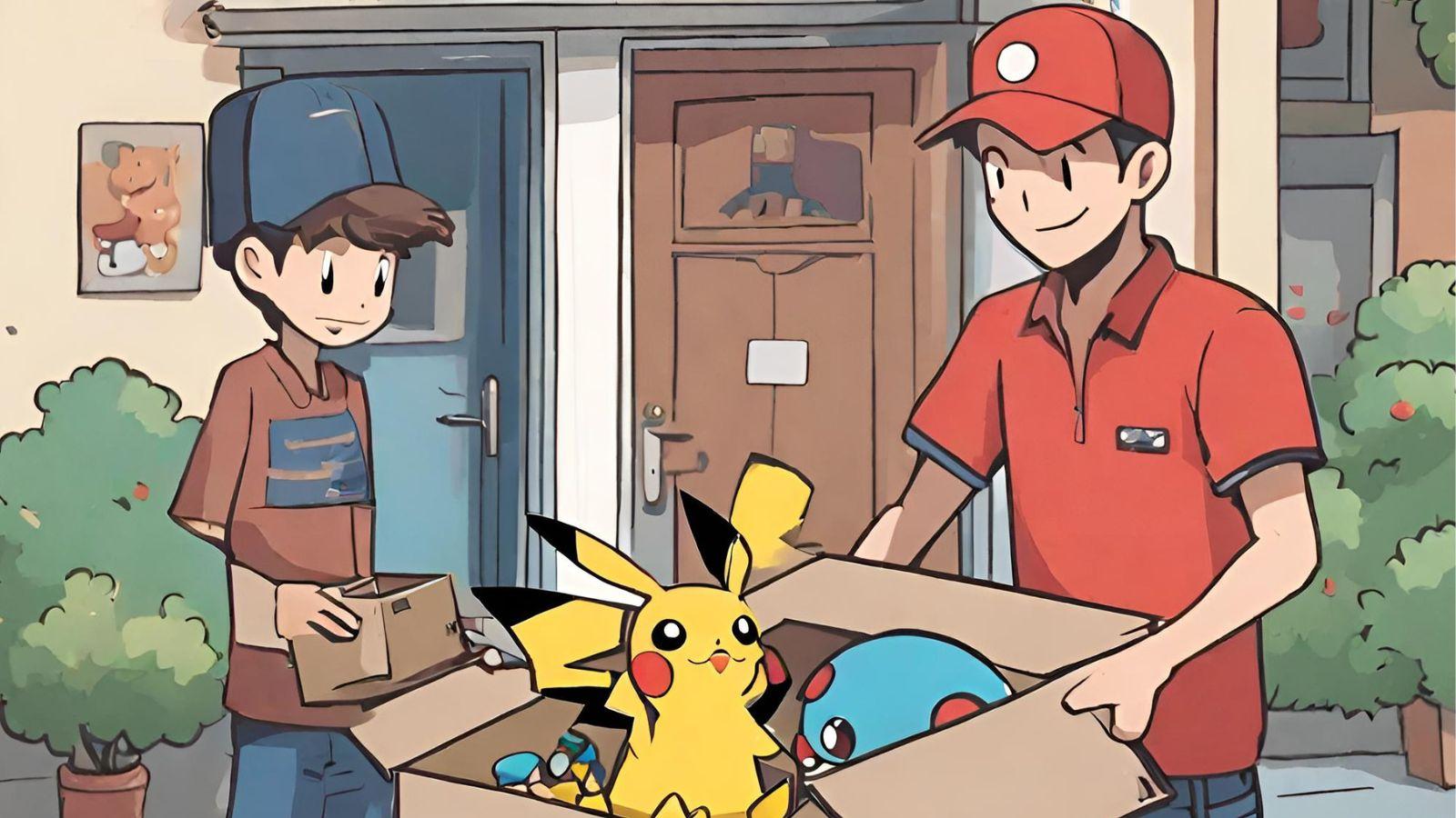 A delivery driver handing a child an opened box of toys