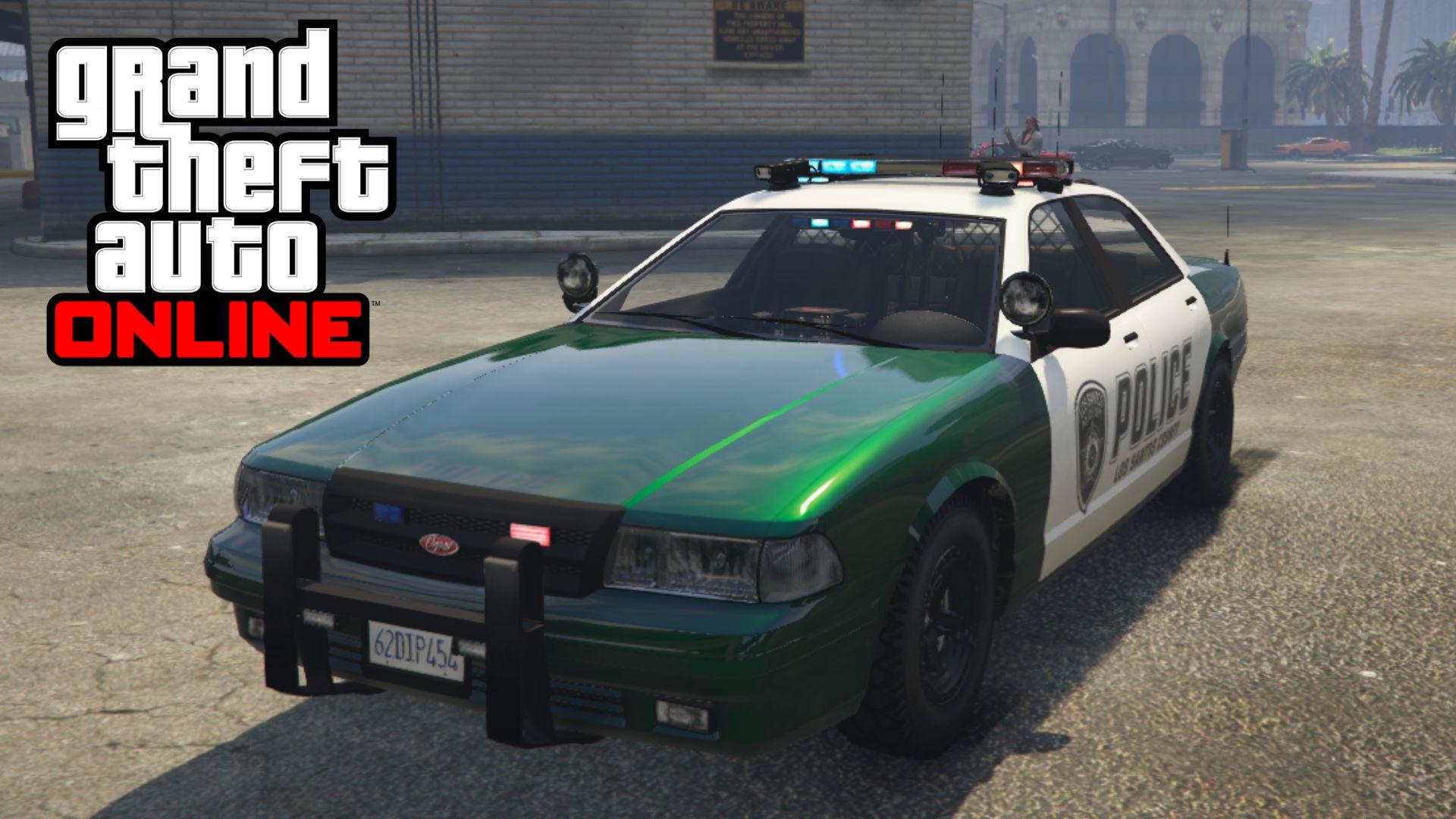 Green police car parked up in GTA Online next to game logo